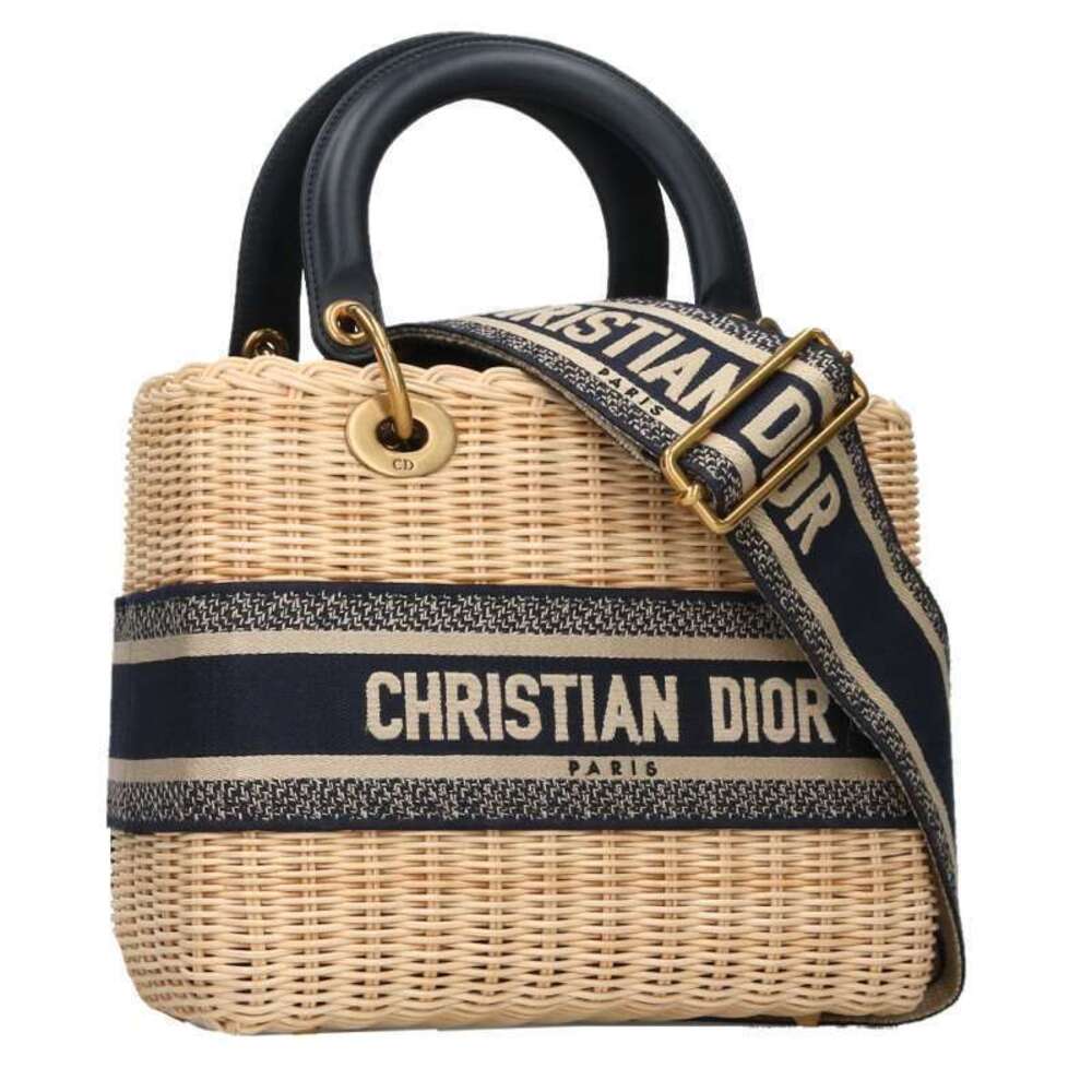 Christian Dior Medium LADY Christian Dior Wicker Handbag Beige Navy Blue